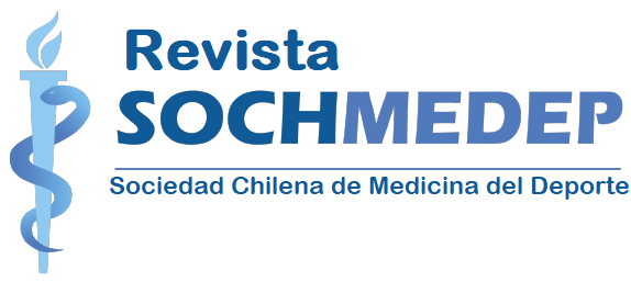 Banner de la Revista archivos de la sociedad chilena de medicina del deporte. En la izquierda el logo de la revista en azul. En el centro y derecha el texto "Revista" nuevo linea "SOCHMEDEP", nueva linea "Sociedad chilena de medicina del deporte"